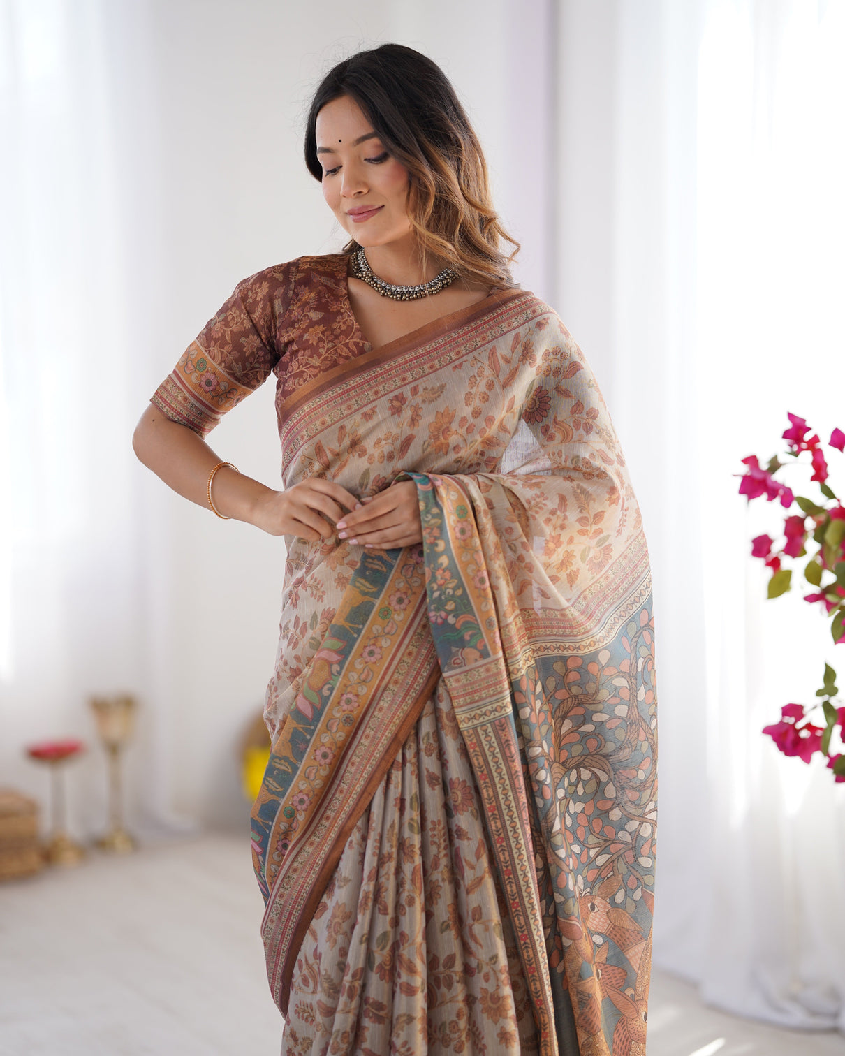 Beige rust pure linen cotton saree with folk animal motif floral print