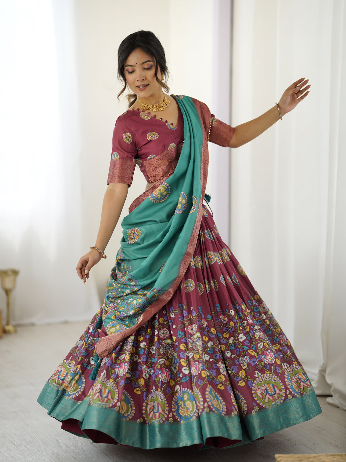 Wine teal kalamkari tussar silk lehenga with zari border tassel dupatta festive wedding wear