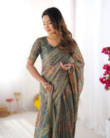 Teal Green Handloom Cotton Saree with Floral Print and Royal Elephant Pallu