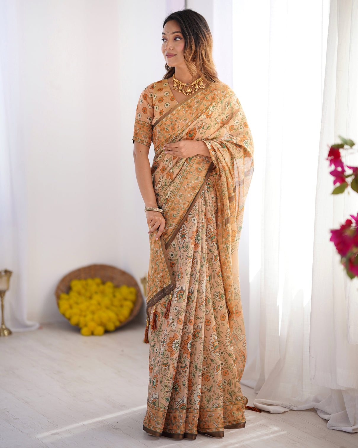 Peach orange pure linen cotton handloom saree with floral vine print and elegant pallu artwork