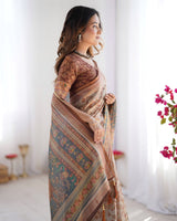 Beige & Rust Pure Linen Cotton Saree with Folk Animal Motif & Floral Print