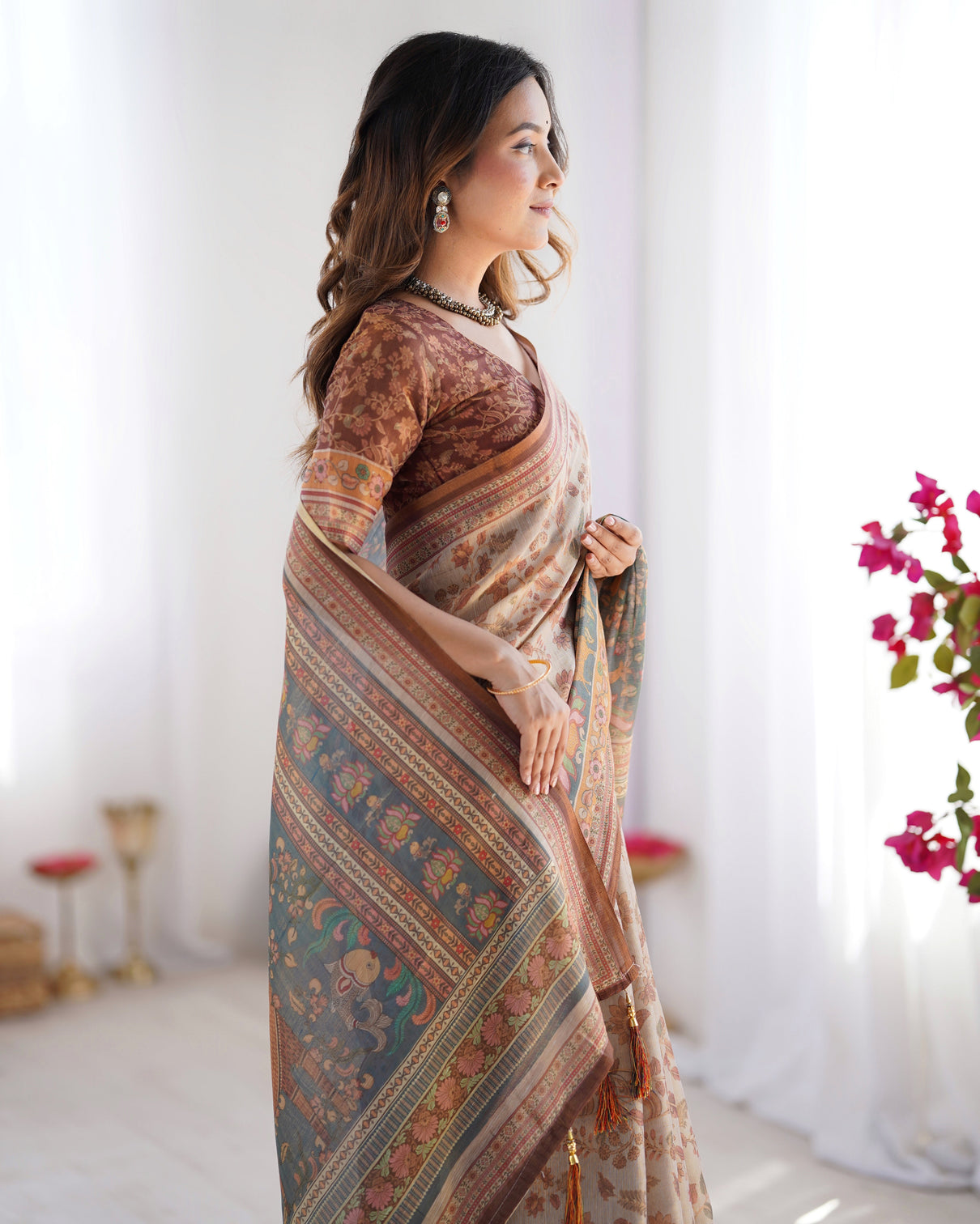 Beige rust pure linen cotton saree with folk animal motif floral print