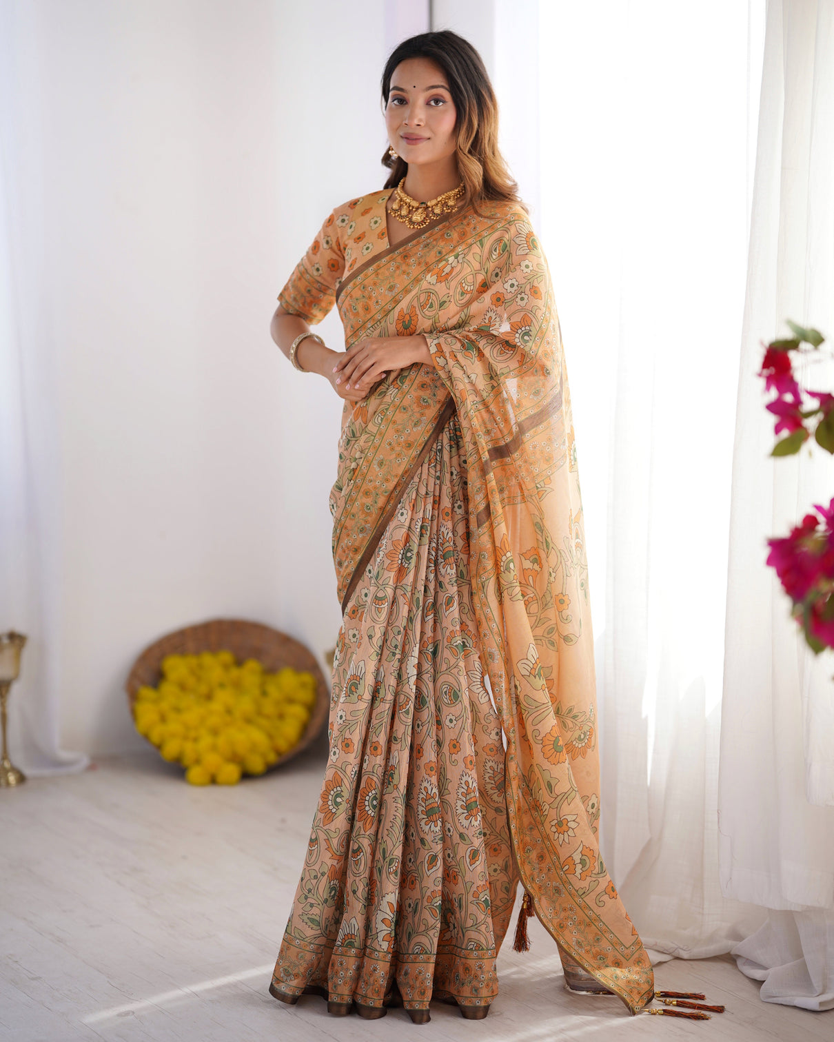 Peach orange pure linen cotton handloom saree with floral vine print and elegant pallu artwork mameraa