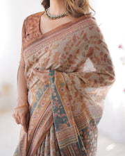 Beige rust pure linen cotton saree with folk animal motif floral print