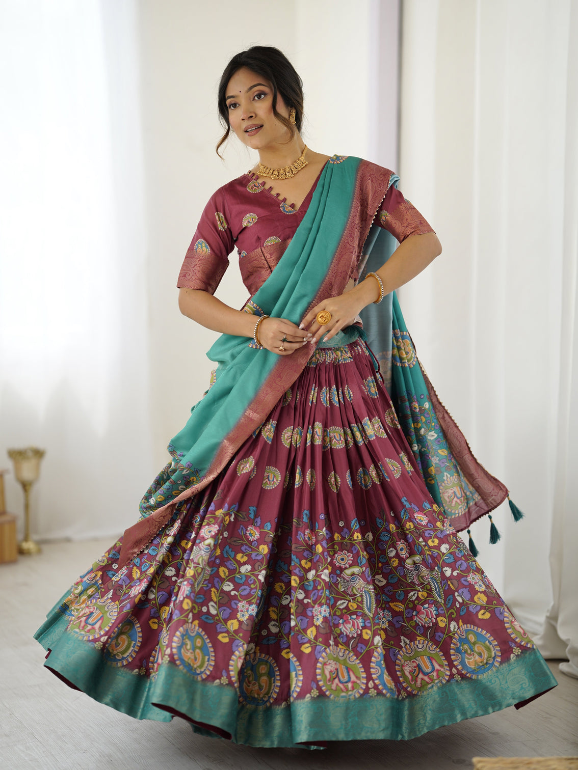 Wine teal kalamkari tussar silk lehenga with zari border tassel dupatta festive wedding wear