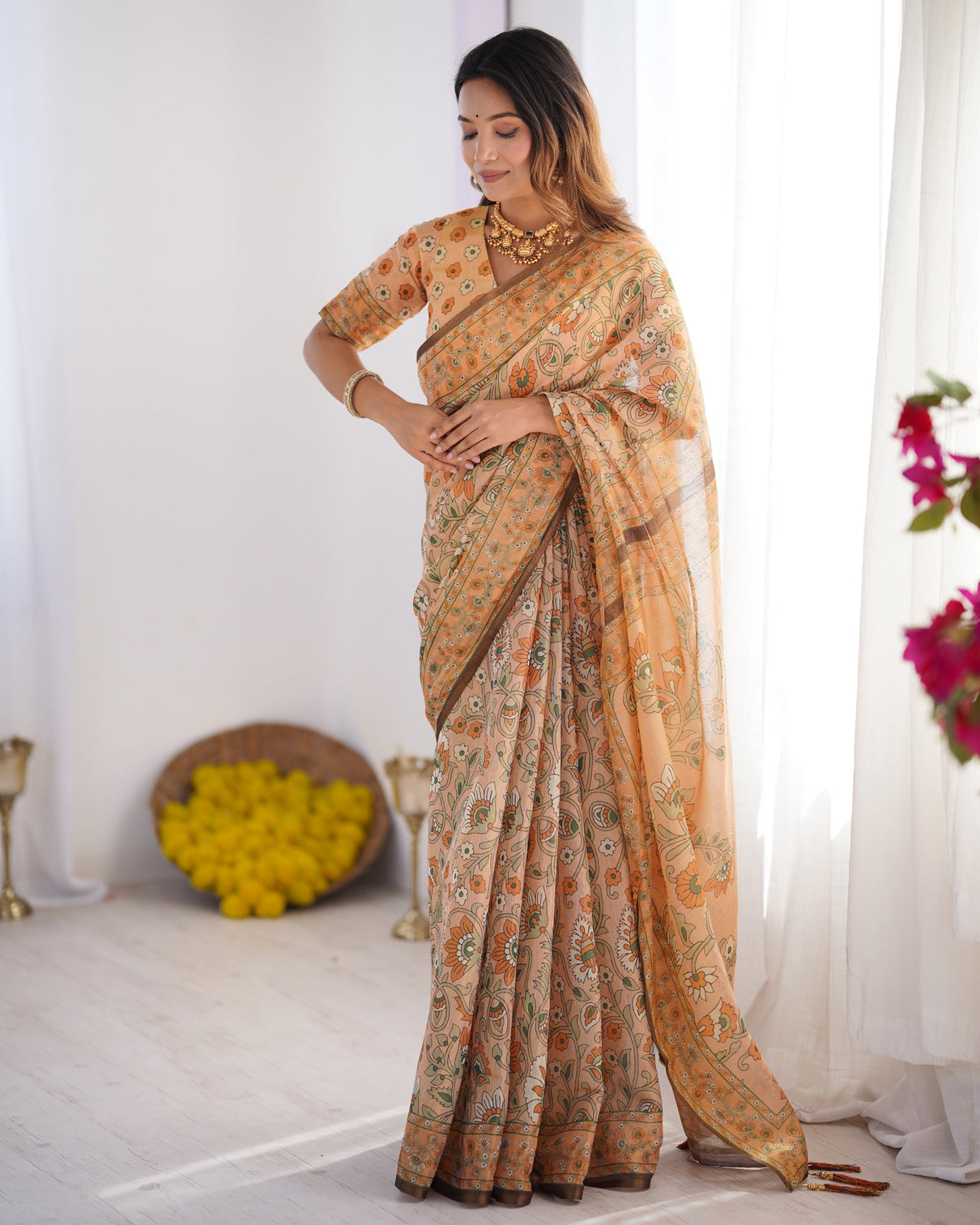 Peach orange pure linen cotton handloom saree with floral vine print and elegant pallu artwork