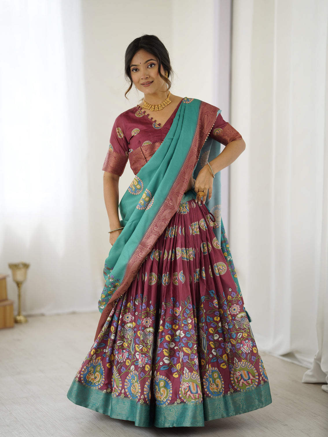 Wine teal kalamkari tussar silk lehenga with zari border tassel dupatta festive wedding wear