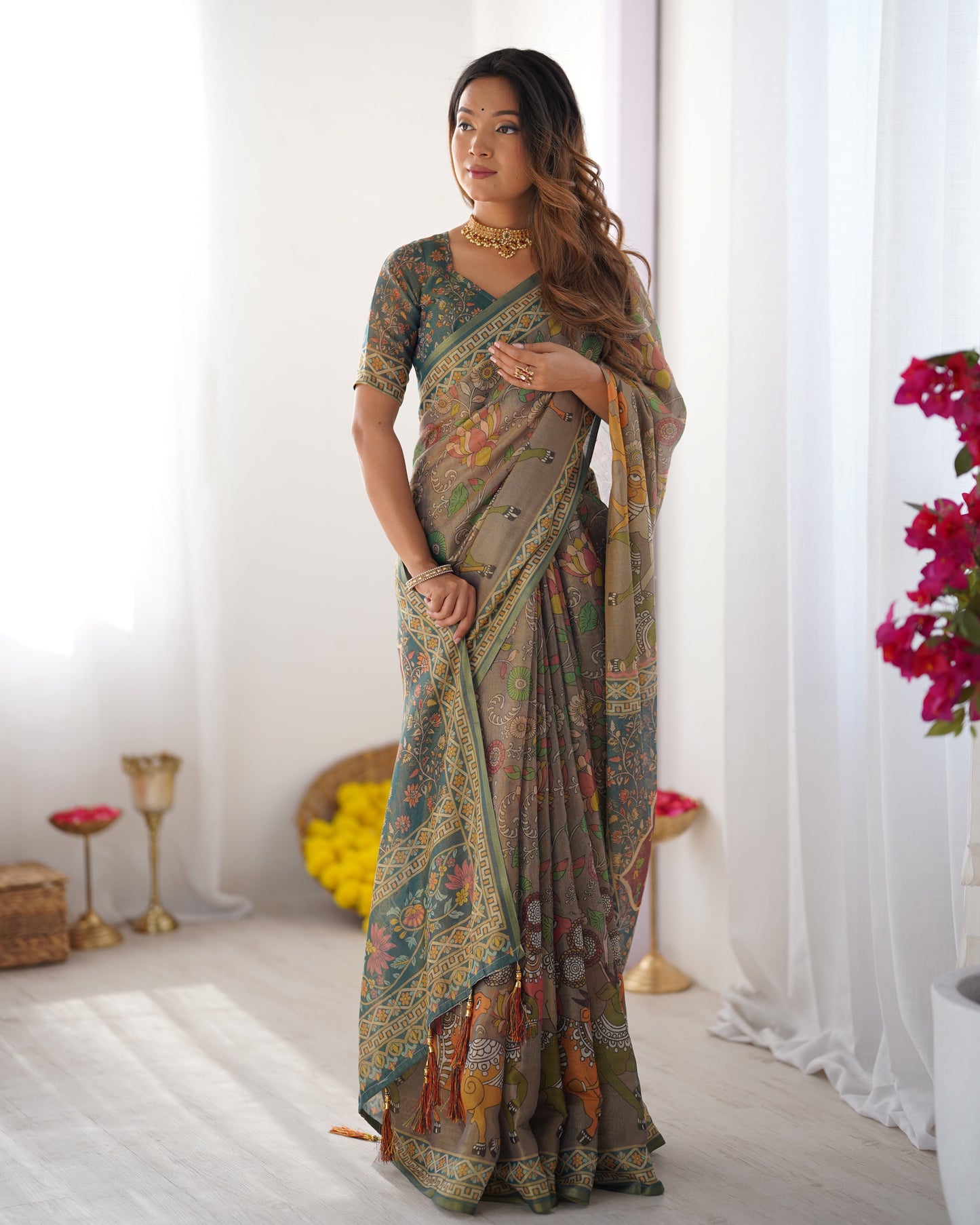 Teal Green Handloom Cotton Saree with Floral Print and Royal Elephant Pallu