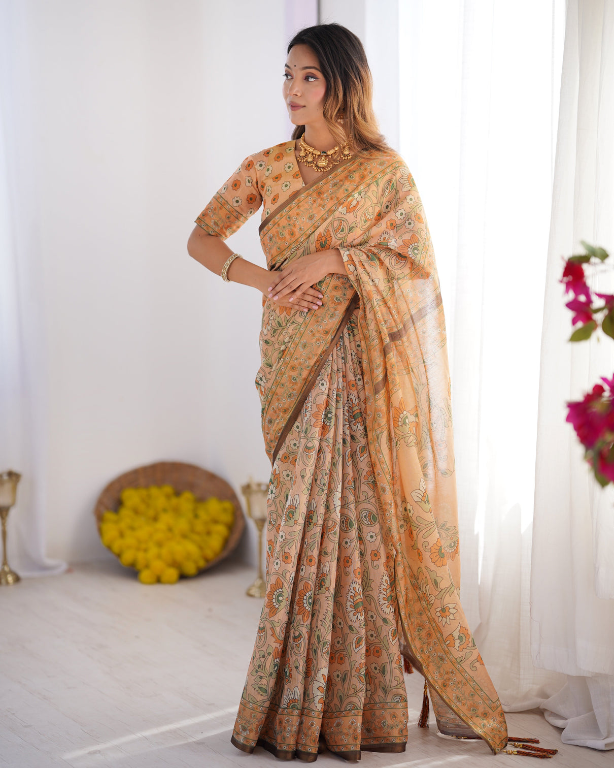 Peach orange pure linen cotton handloom saree with floral vine print and elegant pallu artwork
