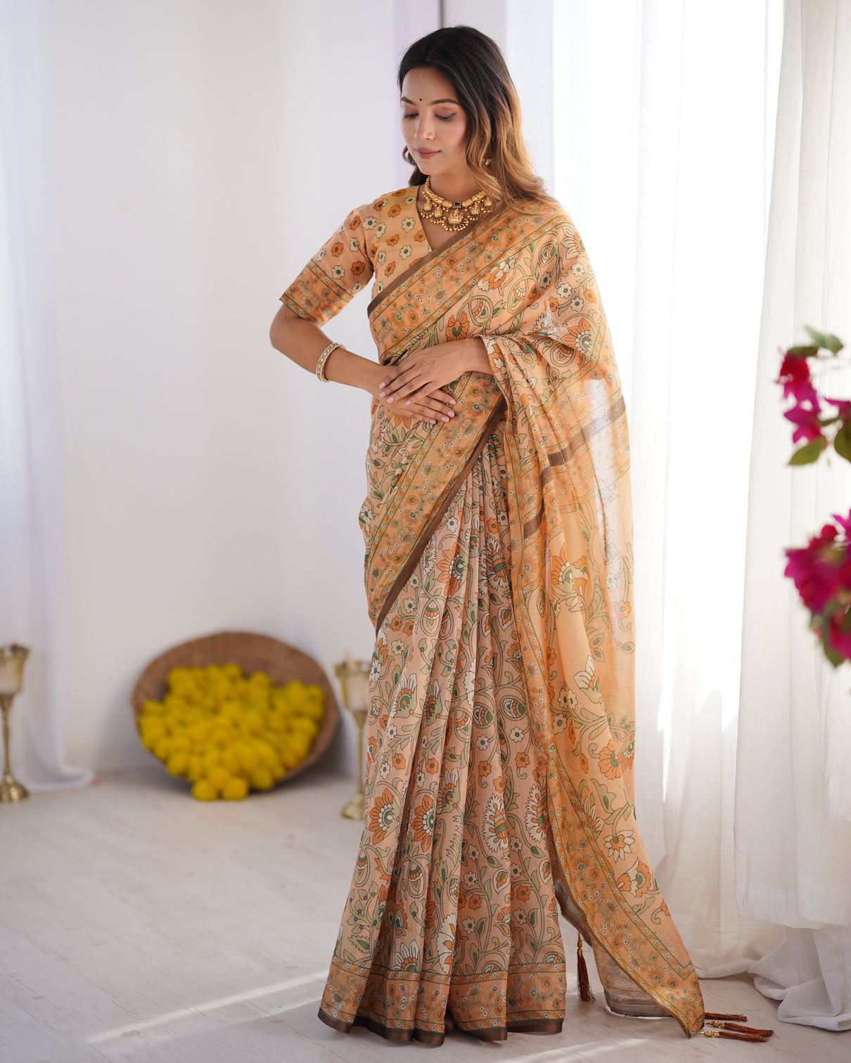 Peach orange pure linen cotton handloom saree with floral vine print and elegant pallu artwork