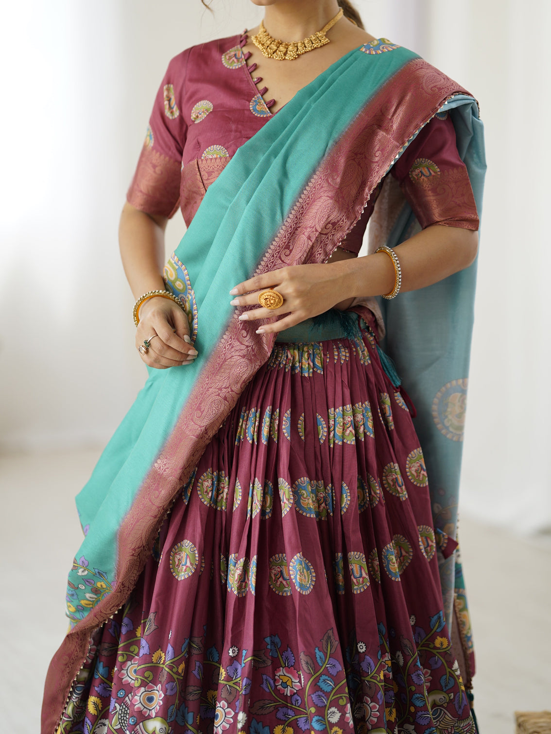 Wine teal kalamkari tussar silk lehenga with zari border tassel dupatta festive wedding wear