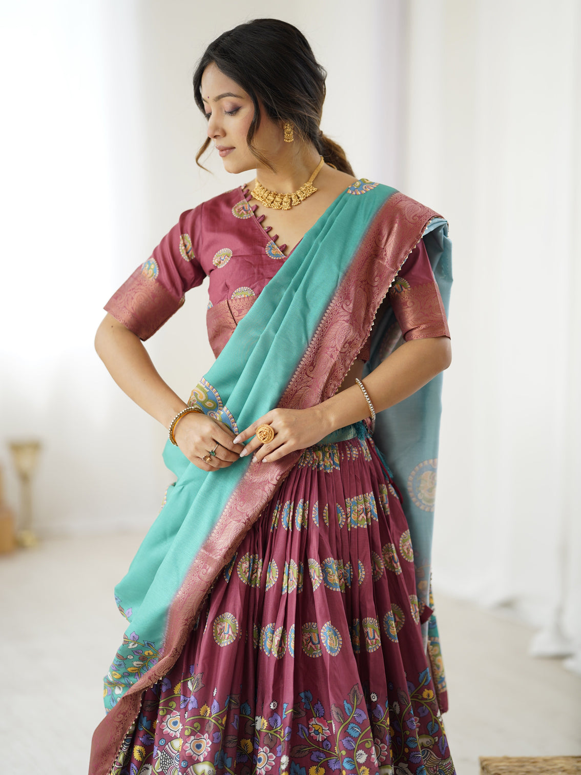 Wine teal kalamkari tussar silk lehenga with zari border tassel dupatta festive wedding wear