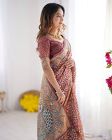 Maroon Pure Linen Cotton Handloom Saree with Floral Buti Print and Madhubani Fish Art Pallu