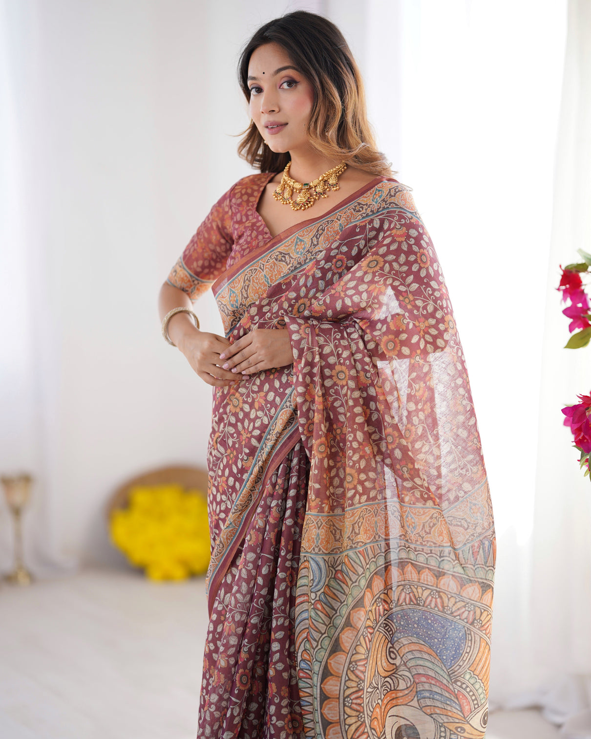 Maroon pure linen cotton handloom saree with floral buti print and madhubani fish art pallu