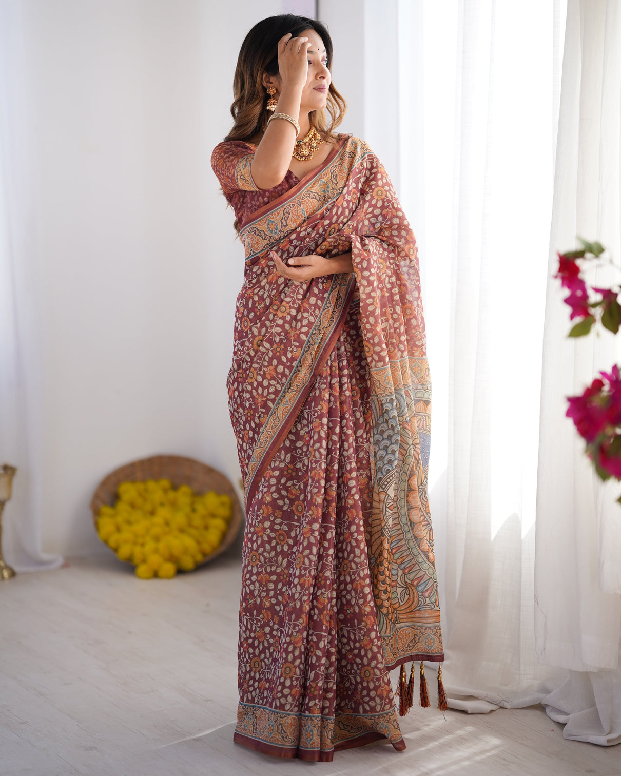 Maroon pure linen cotton handloom saree with floral buti print and madhubani fish art pallu