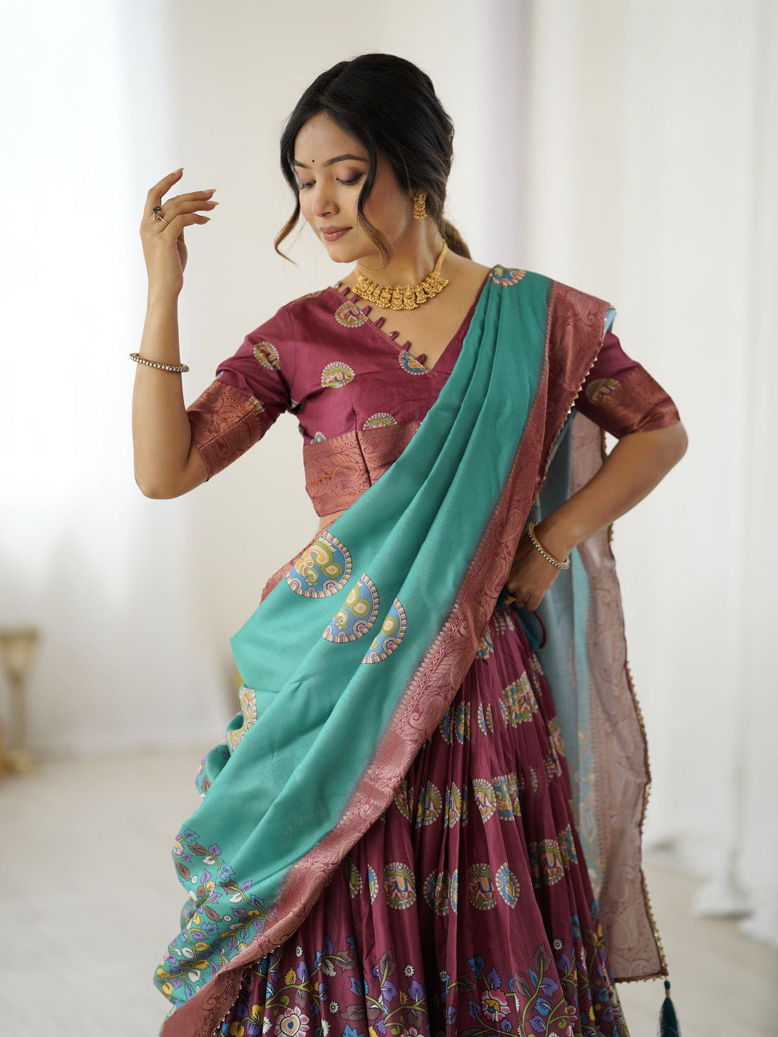 Wine teal kalamkari tussar silk lehenga with zari border tassel dupatta festive wedding wear