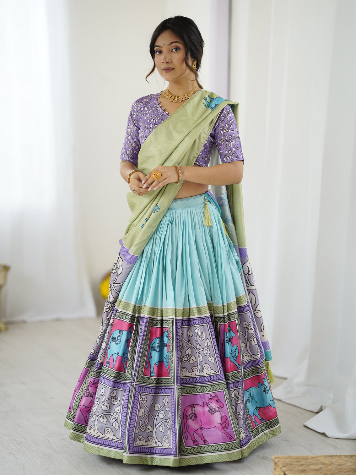 Trendy kalamkari lehenga with contrast blouse lightweight stylish mameraa