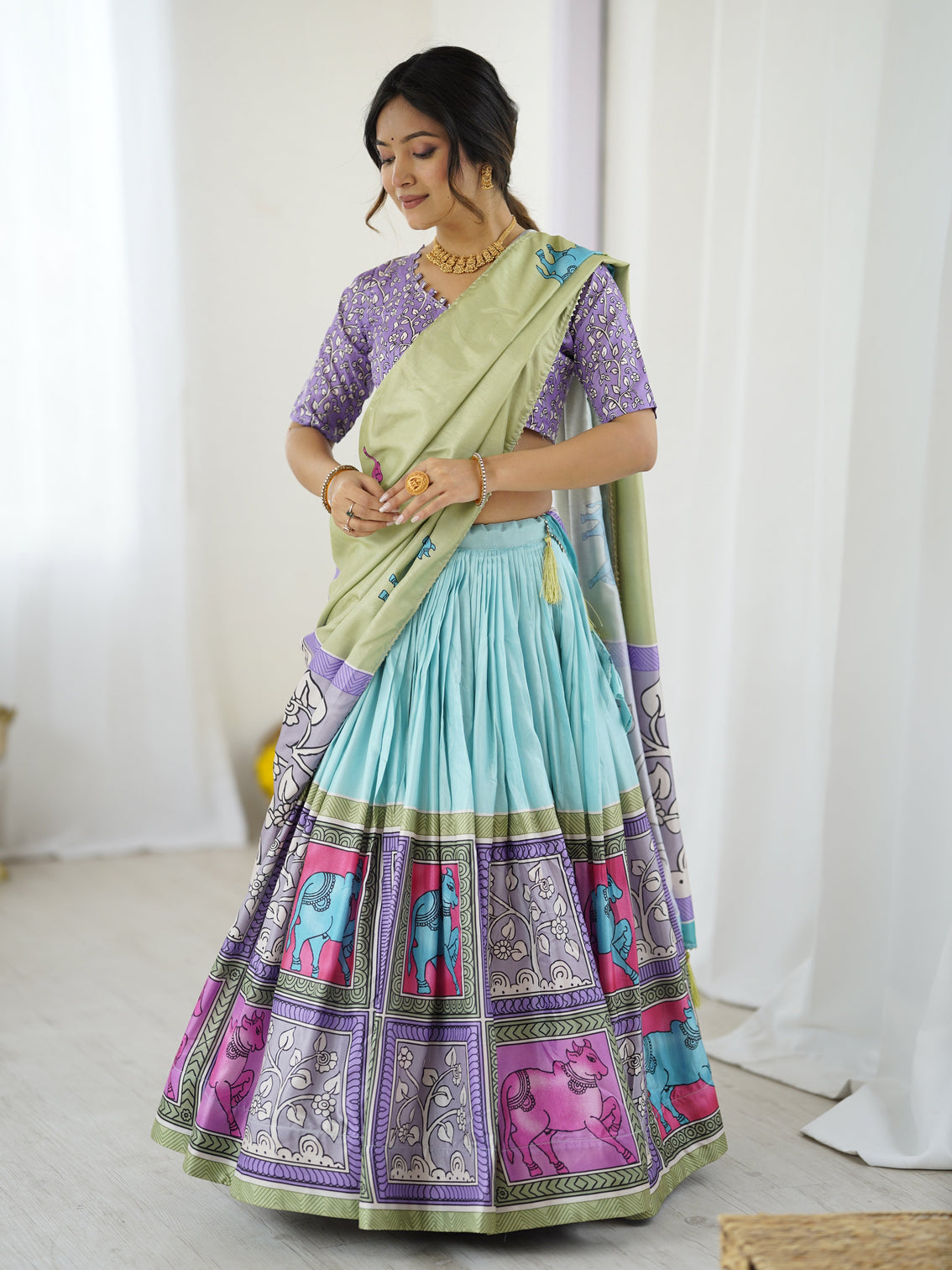 Trendy kalamkari lehenga with contrast blouse lightweight stylish