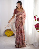 Maroon Pure Linen Cotton Handloom Saree with Floral Buti Print and Madhubani Fish Art Pallu
