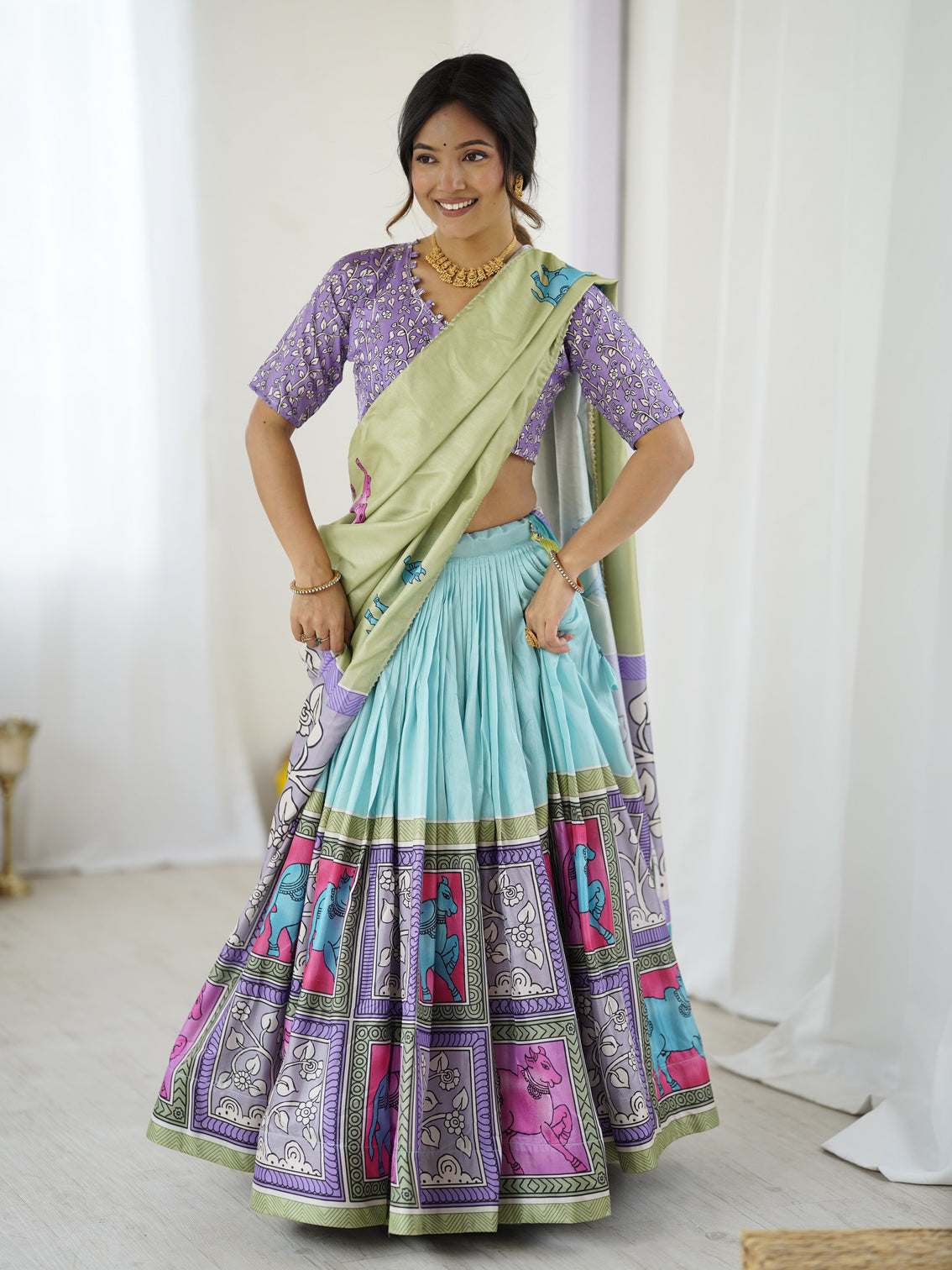 Trendy kalamkari lehenga with contrast blouse lightweight stylish