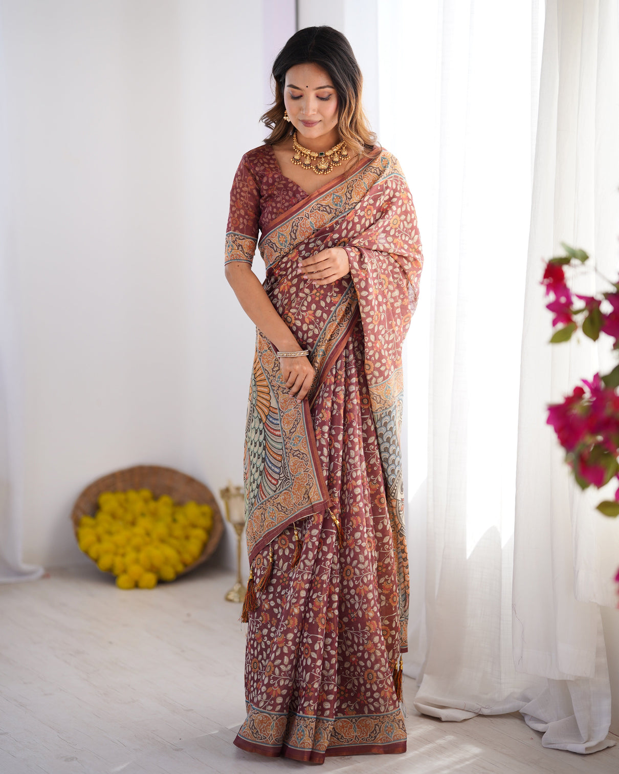 Maroon pure linen cotton handloom saree with floral buti print and madhubani fish art pallu