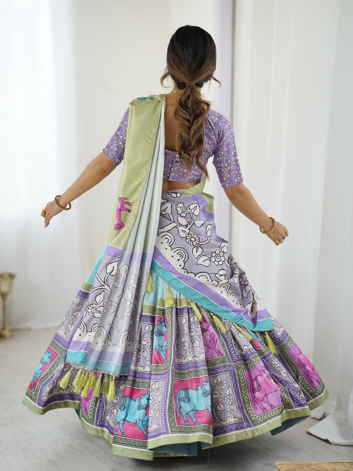 Trendy kalamkari lehenga with contrast blouse lightweight stylish