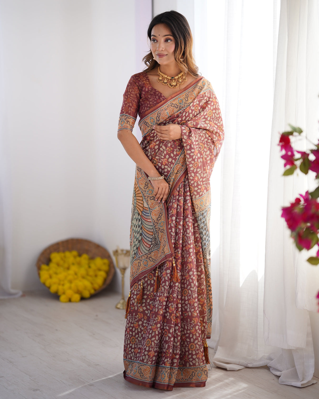Maroon pure linen cotton handloom saree with floral buti print and madhubani fish art pallu mameraa