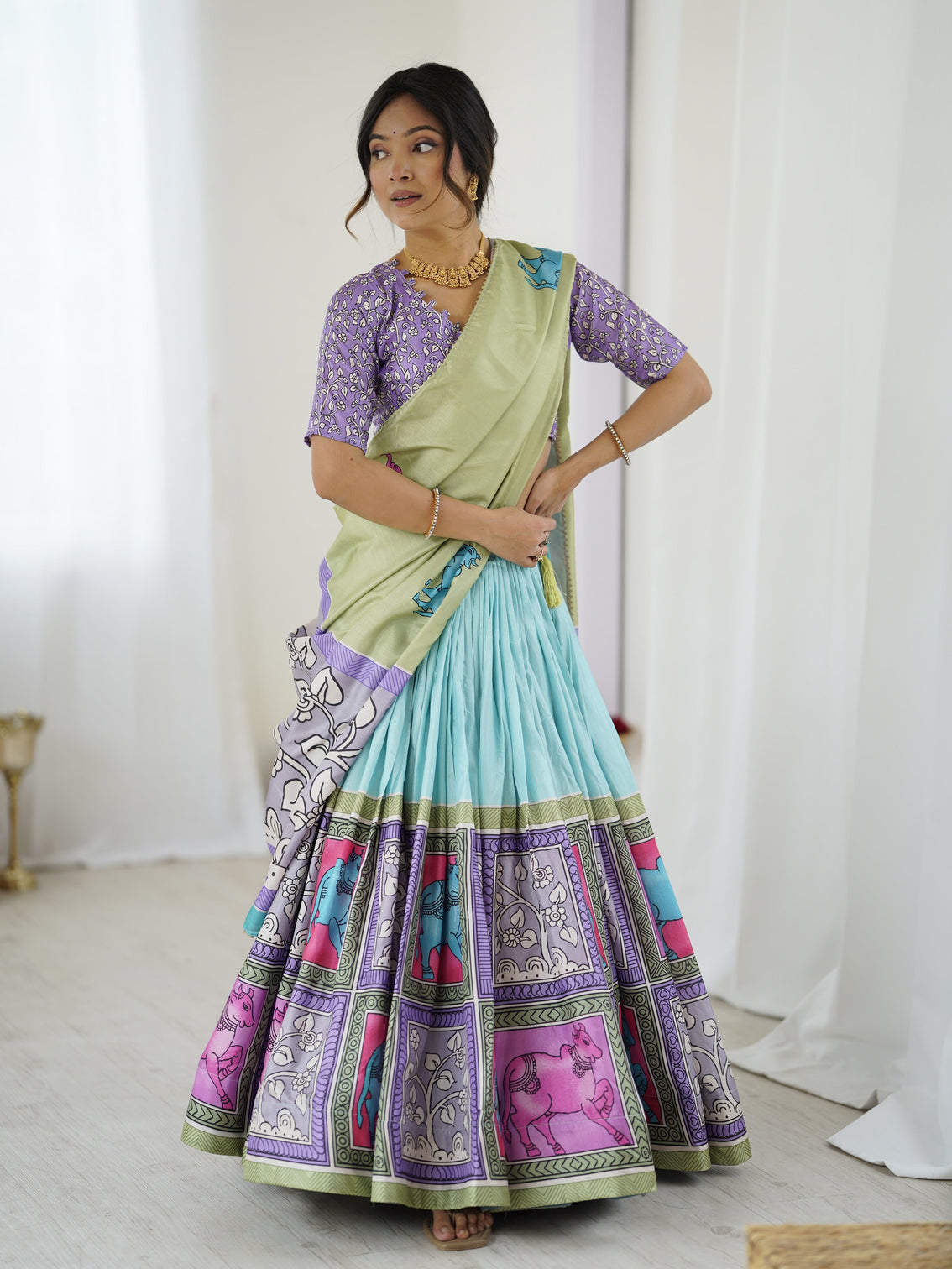 Trendy kalamkari lehenga with contrast blouse lightweight stylish