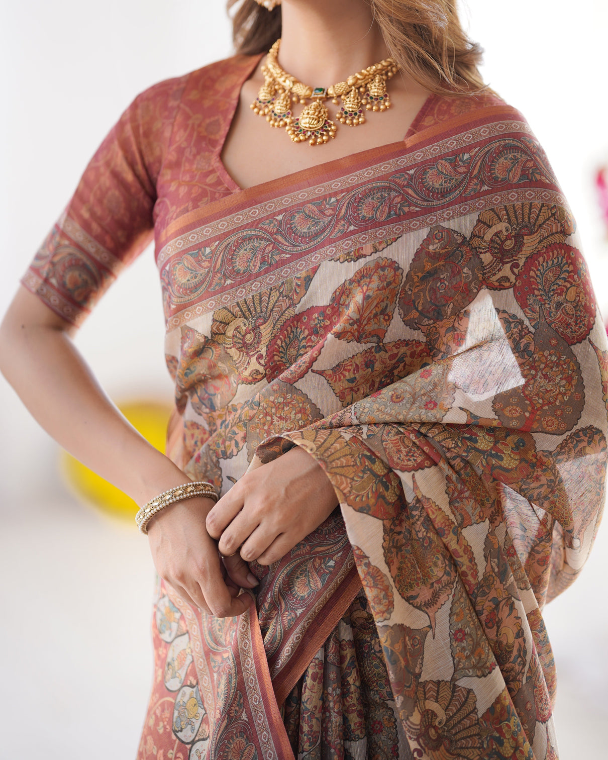 Rust beige pure linen cotton saree with paisley motifs and mandala artwork