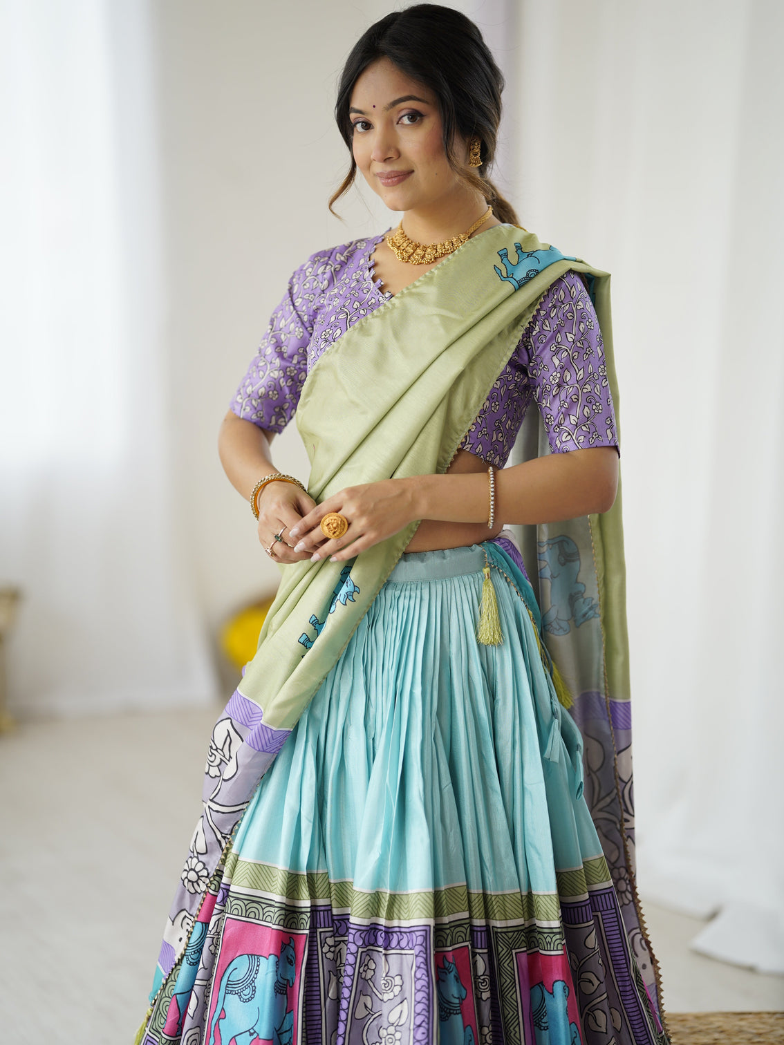 Trendy kalamkari lehenga with contrast blouse lightweight stylish