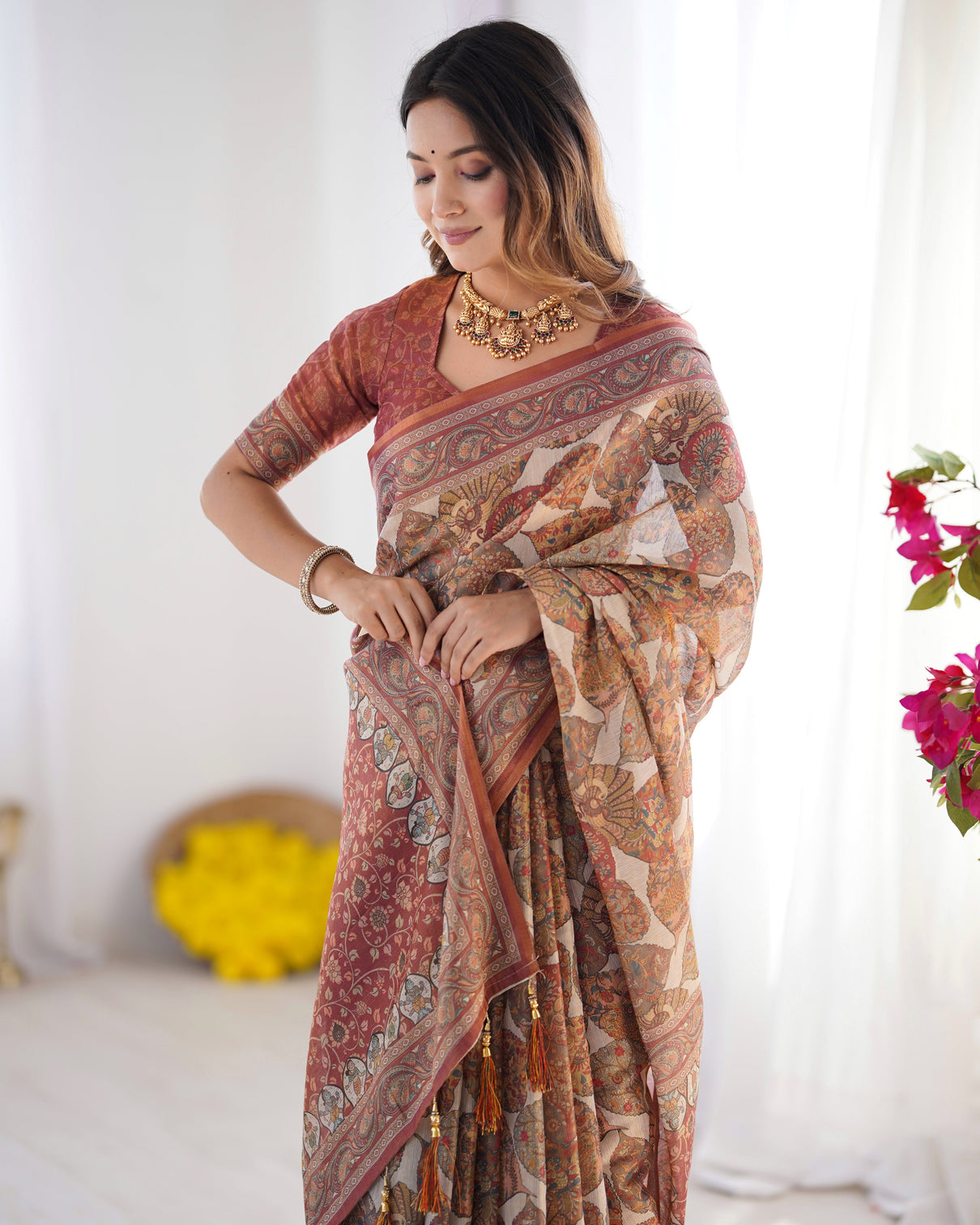 Rust beige pure linen cotton saree with paisley motifs and mandala artwork