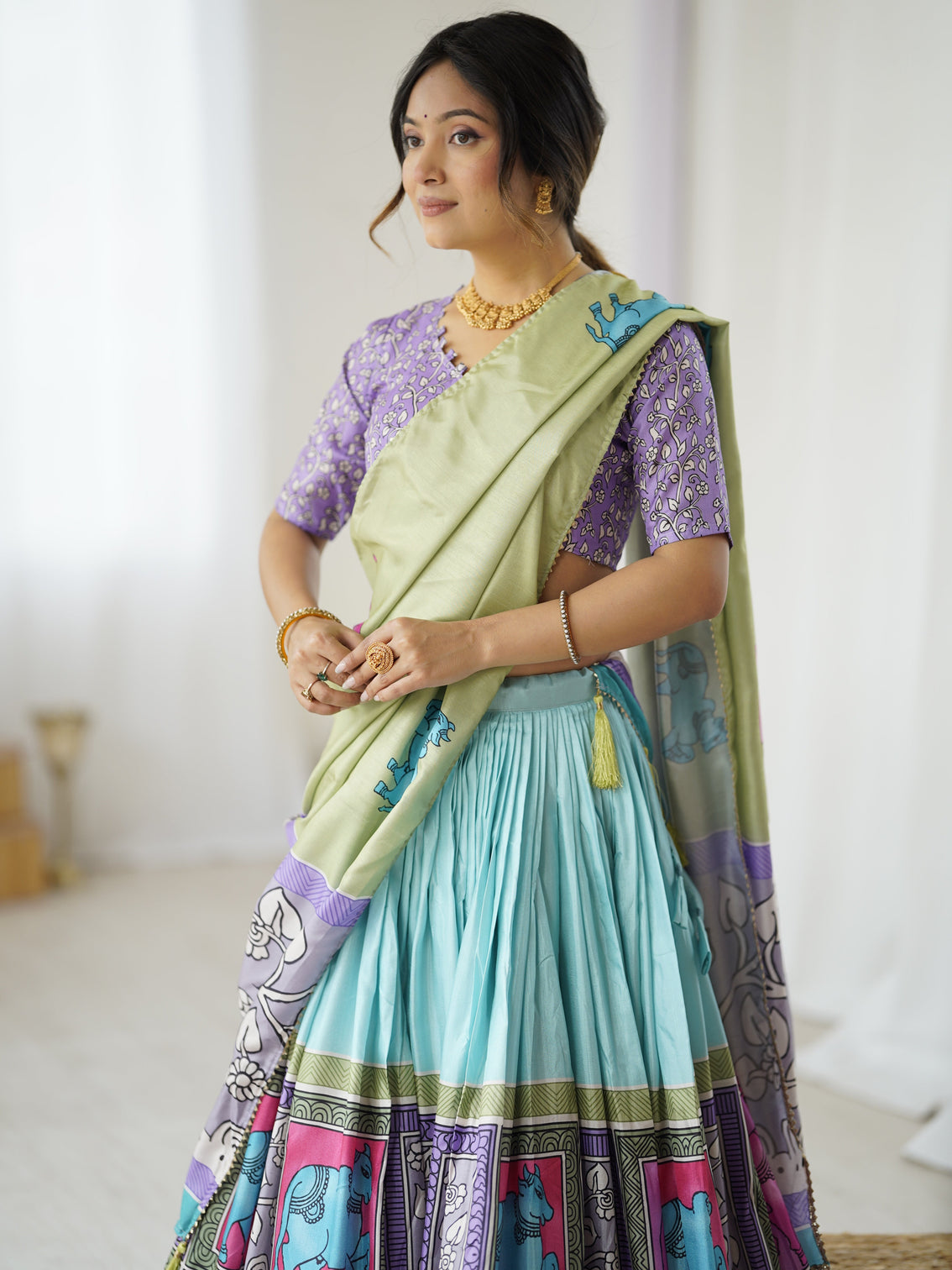 Trendy kalamkari lehenga with contrast blouse lightweight stylish