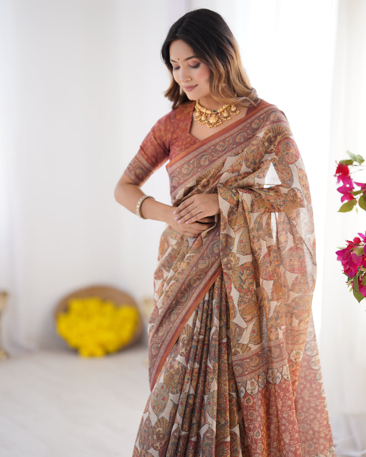Rust beige pure linen cotton saree with paisley motifs and mandala artwork