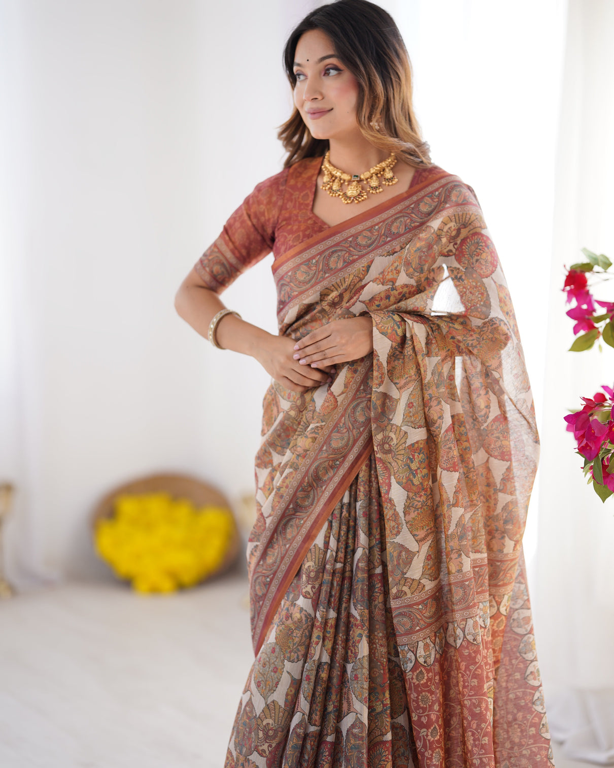 Rust beige pure linen cotton saree with paisley motifs and mandala artwork