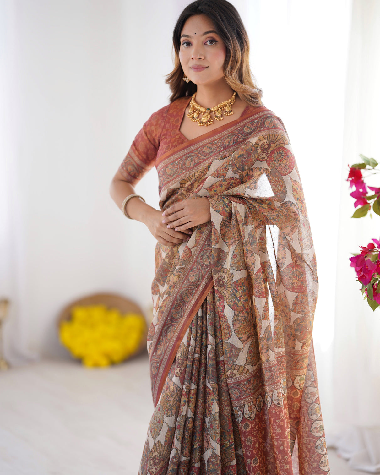 Rust beige pure linen cotton saree with paisley motifs and mandala artwork