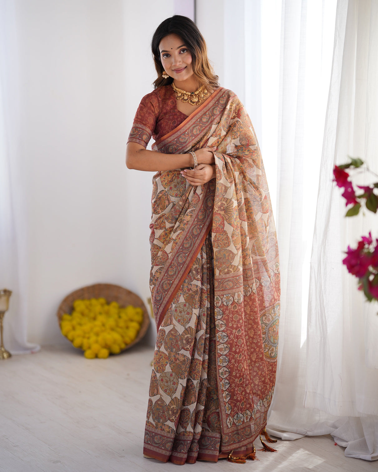 Rust beige pure linen cotton saree with paisley motifs and mandala artwork mameraa