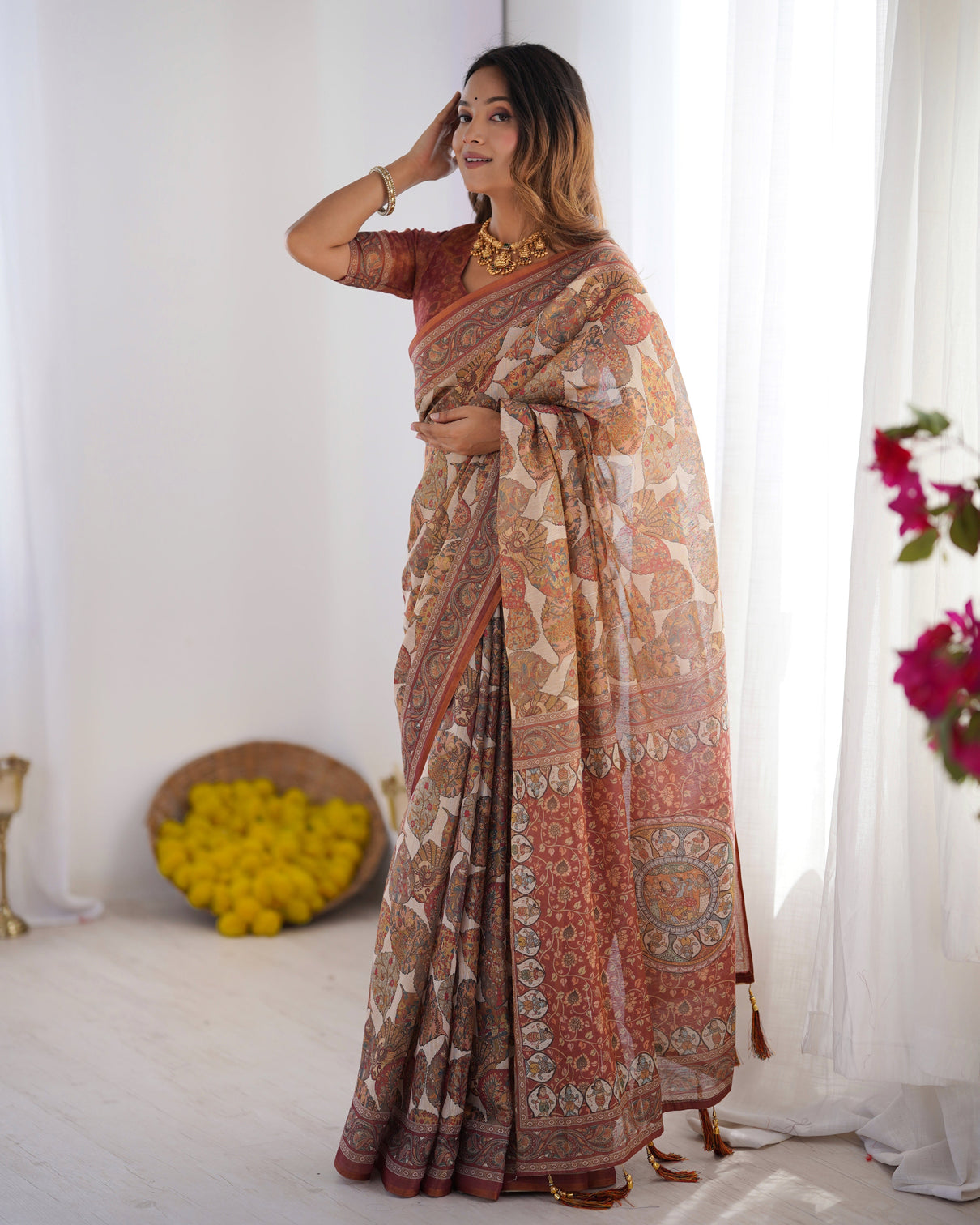 Rust beige pure linen cotton saree with paisley motifs and mandala artwork
