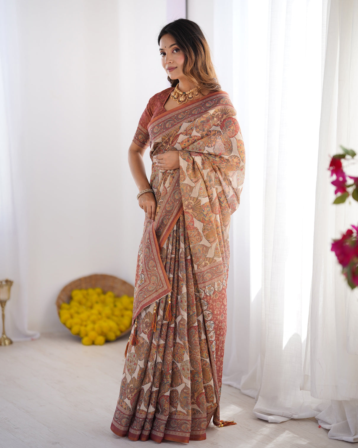 Rust beige pure linen cotton saree with paisley motifs and mandala artwork