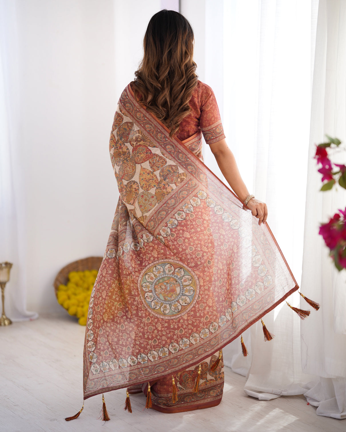 Rust beige pure linen cotton saree with paisley motifs and mandala artwork