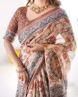 Handloom Linen Cotton Printed Saree with Traditional Mithila Art Pallu – Earthy Beige & Maroon