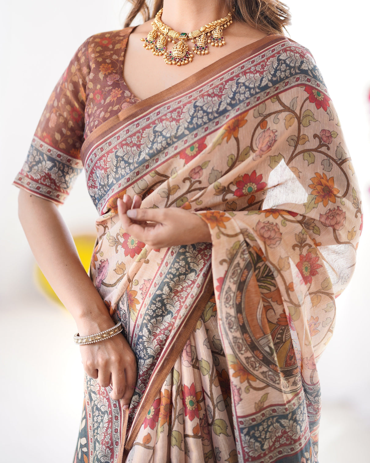 Handloom linen cotton printed saree with traditional mithila art pallu earthy beige maroon