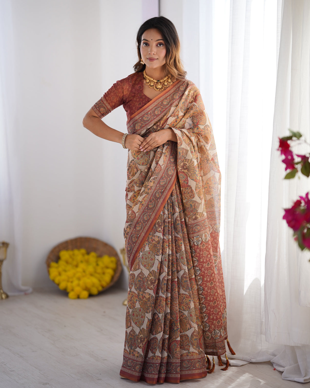 Handloom linen cotton printed saree with traditional mithila art pallu earthy beige maroon