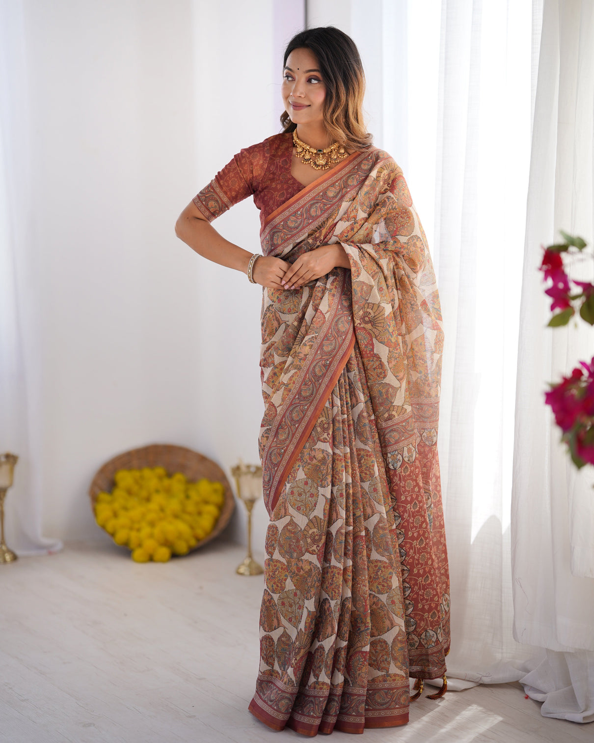 Handloom linen cotton printed saree with traditional mithila art pallu earthy beige maroon