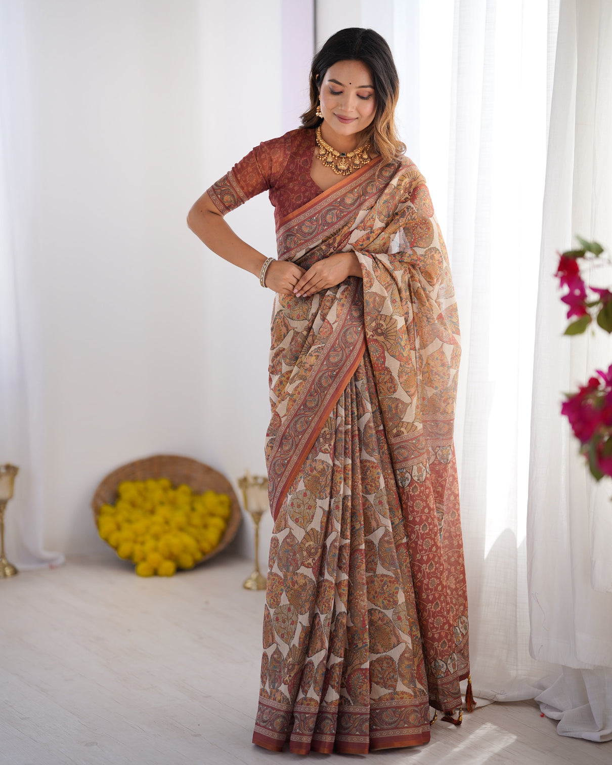Handloom linen cotton printed saree with traditional mithila art pallu earthy beige maroon