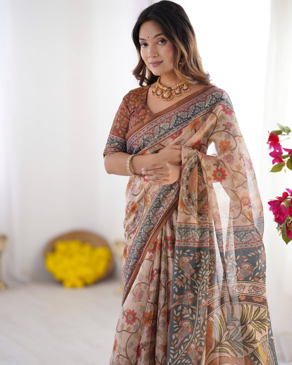 Handloom linen cotton printed saree with traditional mithila art pallu earthy beige maroon