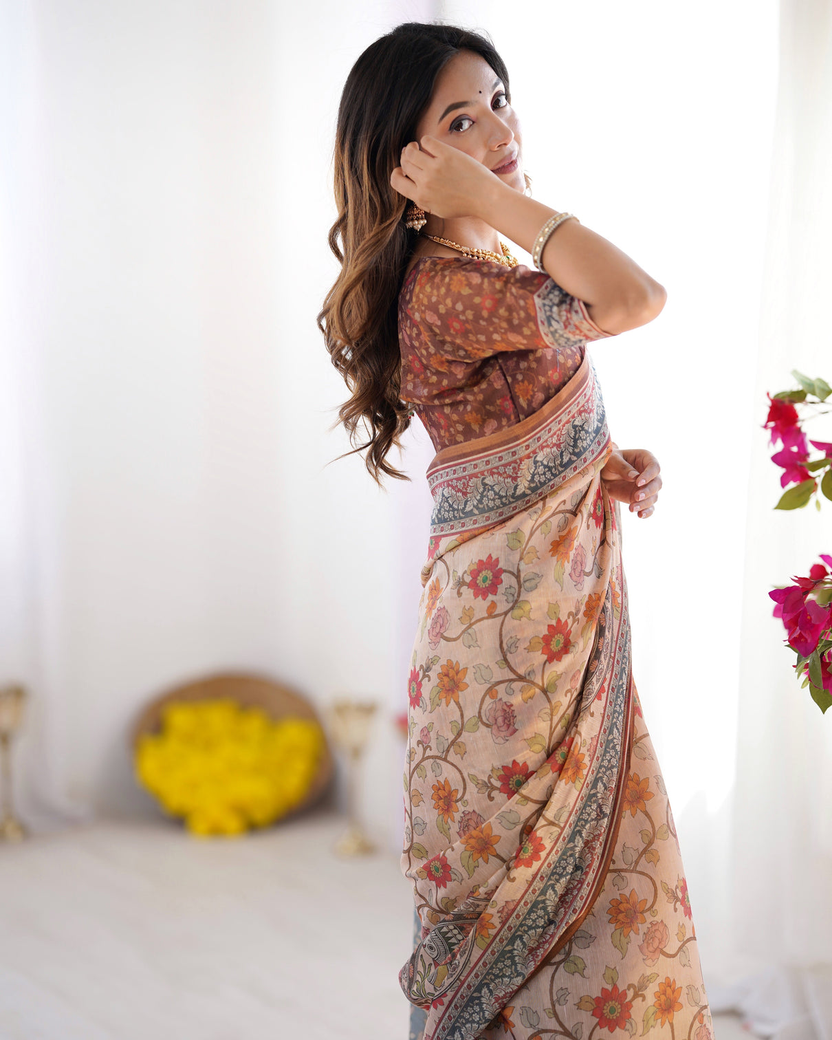 Handloom linen cotton printed saree with traditional mithila art pallu earthy beige maroon