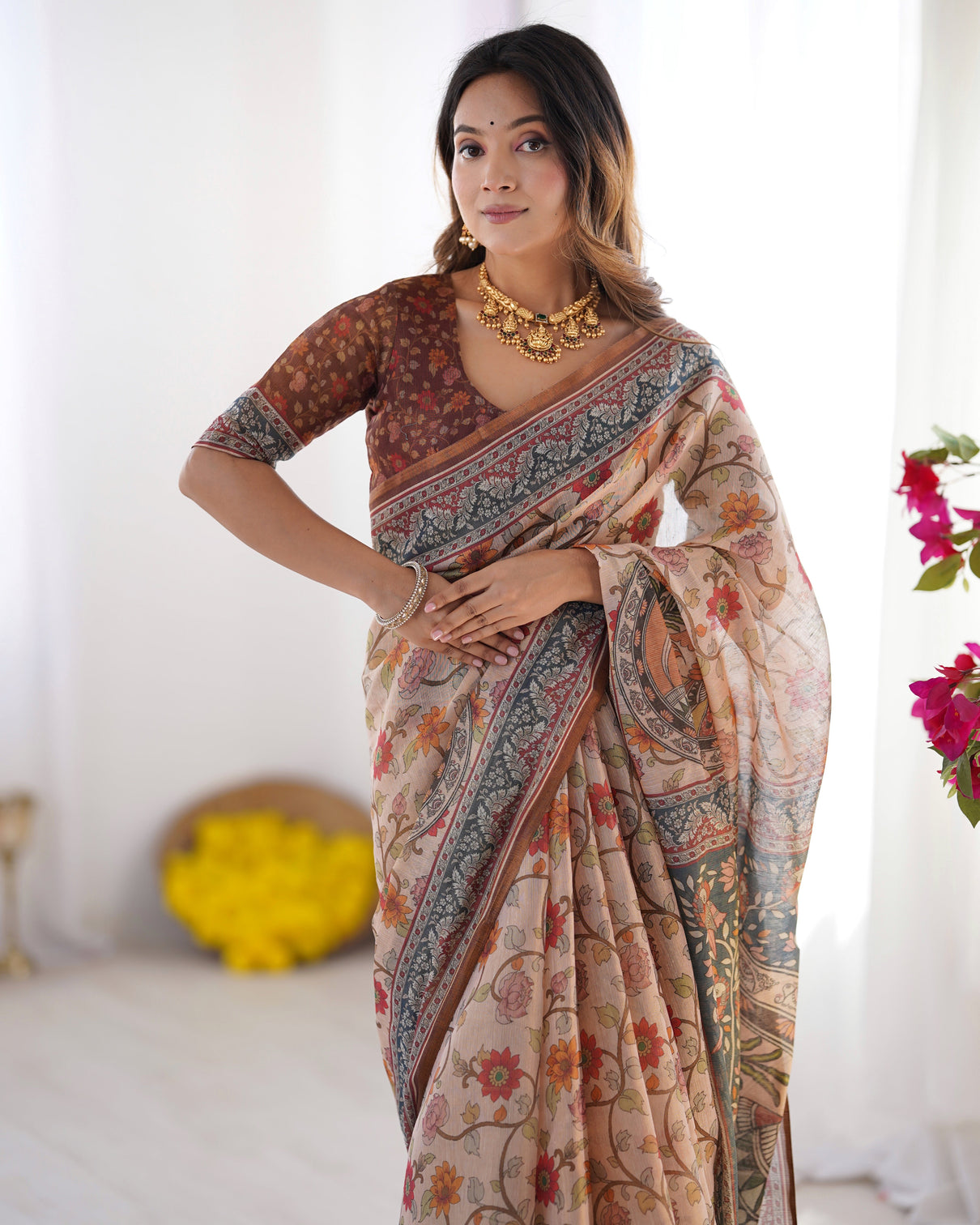 Handloom linen cotton printed saree with traditional mithila art pallu earthy beige maroon