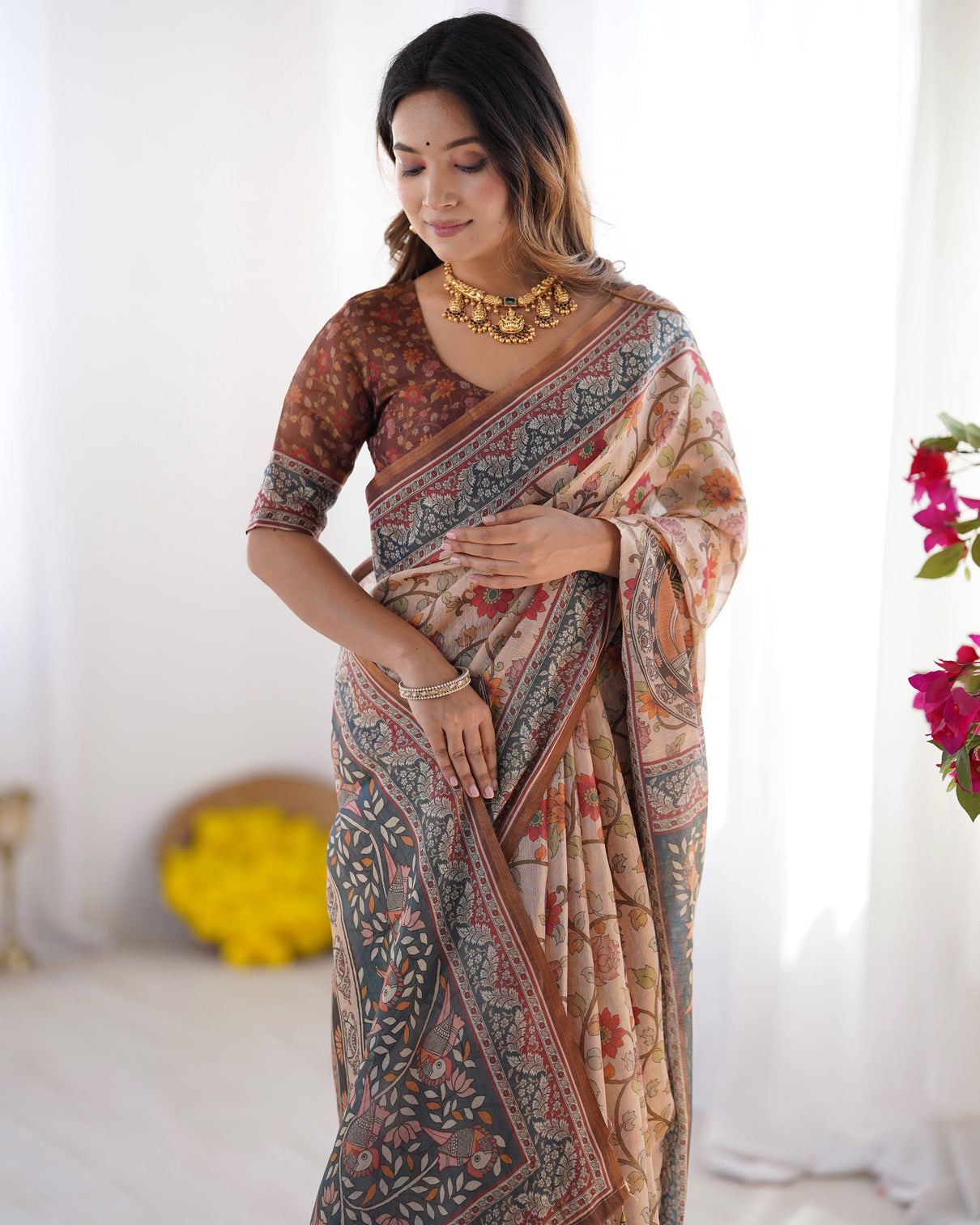 Handloom linen cotton printed saree with traditional mithila art pallu earthy beige maroon