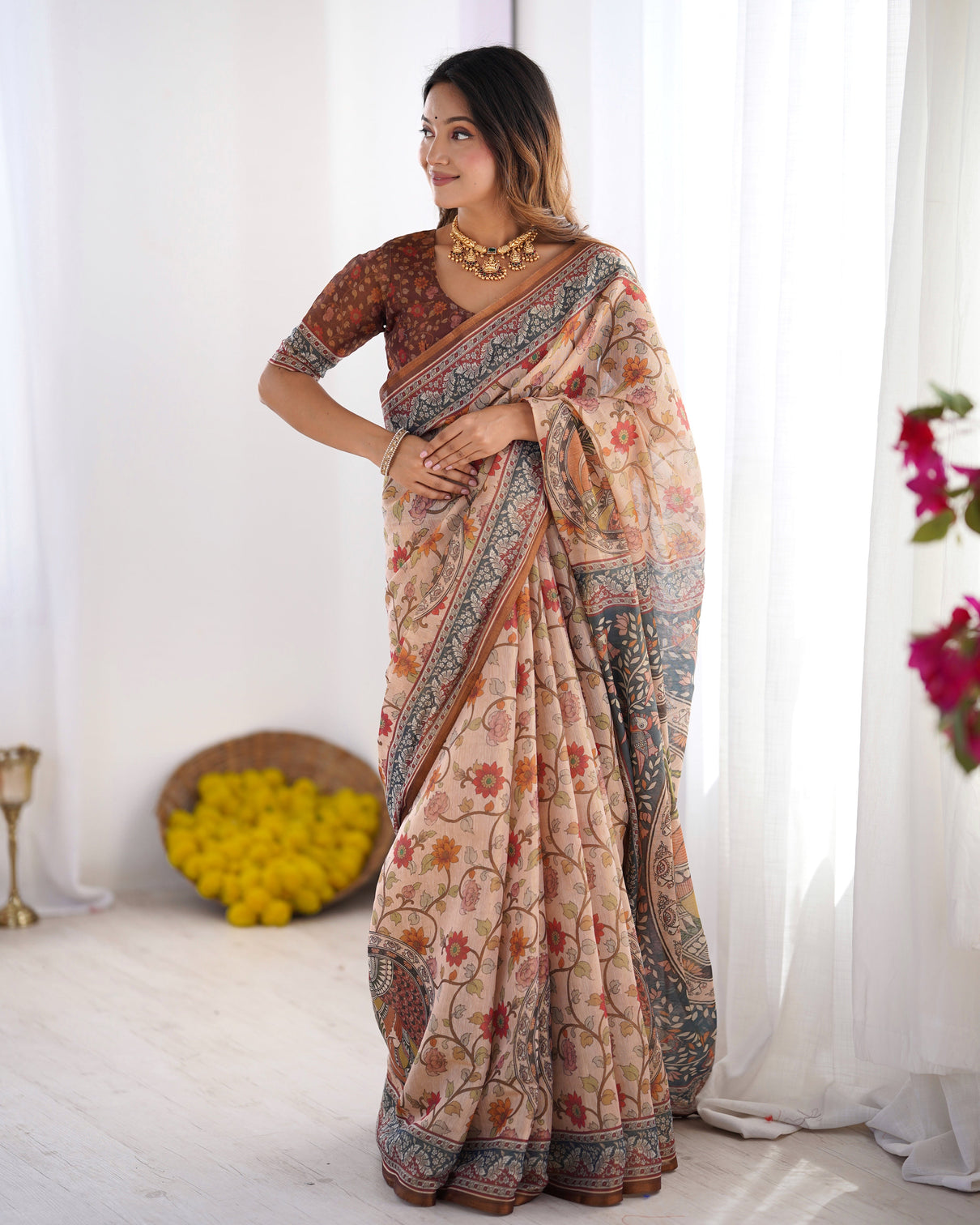 Handloom linen cotton printed saree with traditional mithila art pallu earthy beige maroon