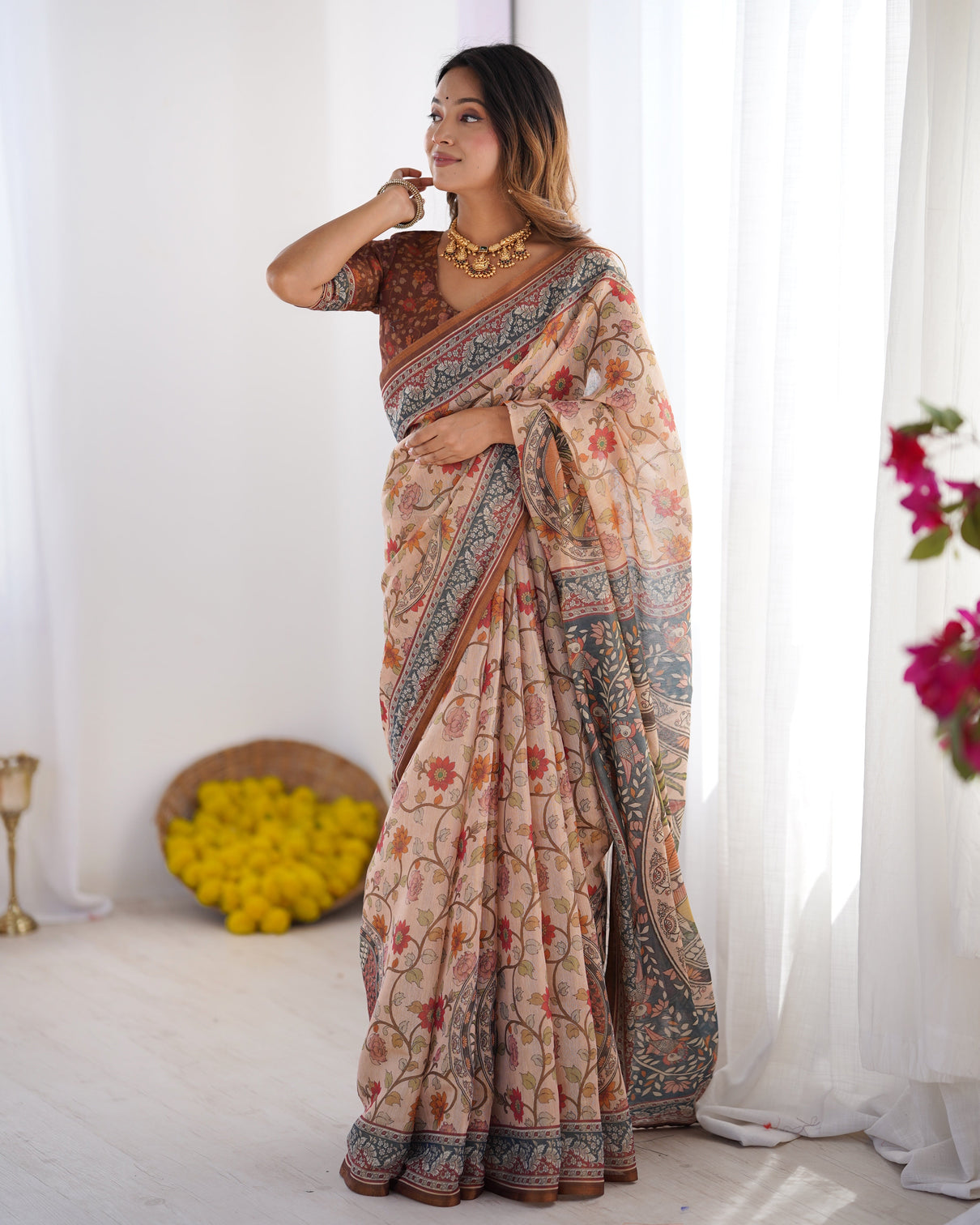 Handloom linen cotton printed saree with traditional mithila art pallu earthy beige maroon